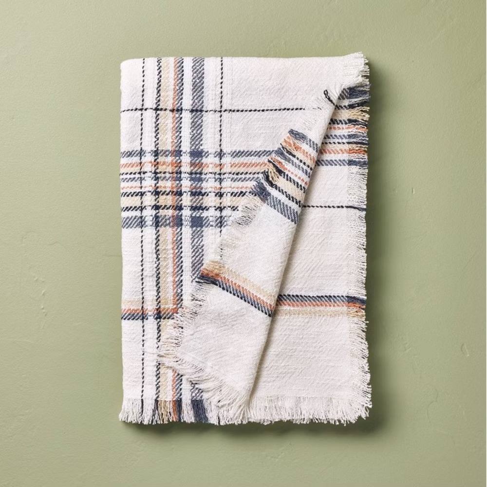 Hearth & Hand Magnolia Throw Blanket Plaid Cream Blue 100% Cotton Natural Fiber
